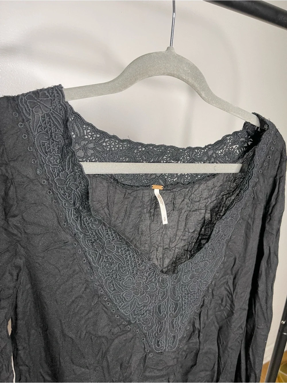 Free People Black Lace-Trim Long Sleeve Bodysuit
